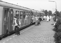 171355 Afbeelding van een diesel-electrisch treinstel DE 3 (plan U) langs het perron van het N.S.-station Cuijk te ...